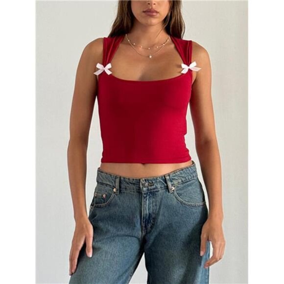 Bow Detail Square Neck Cropped Tank - Picture 11 of 16